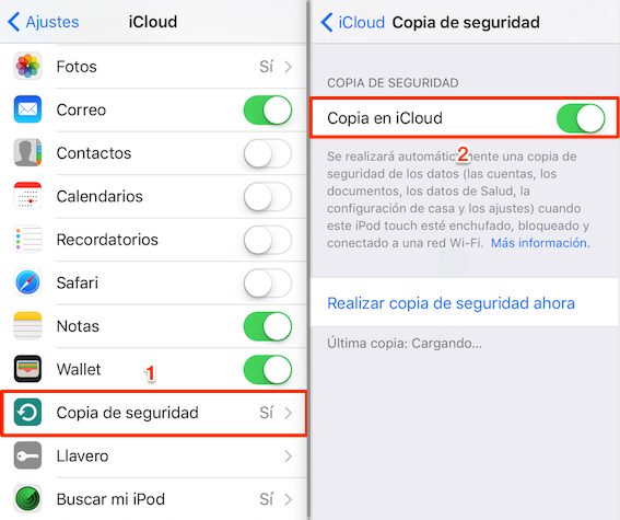 Menú de iCloud en iPhone para copia de seguridad segura