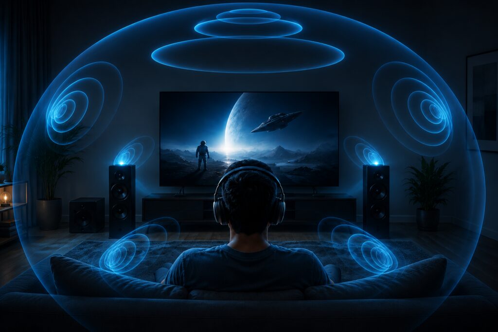Representación del audio espacial creando una experiencia de sonido envolvente.