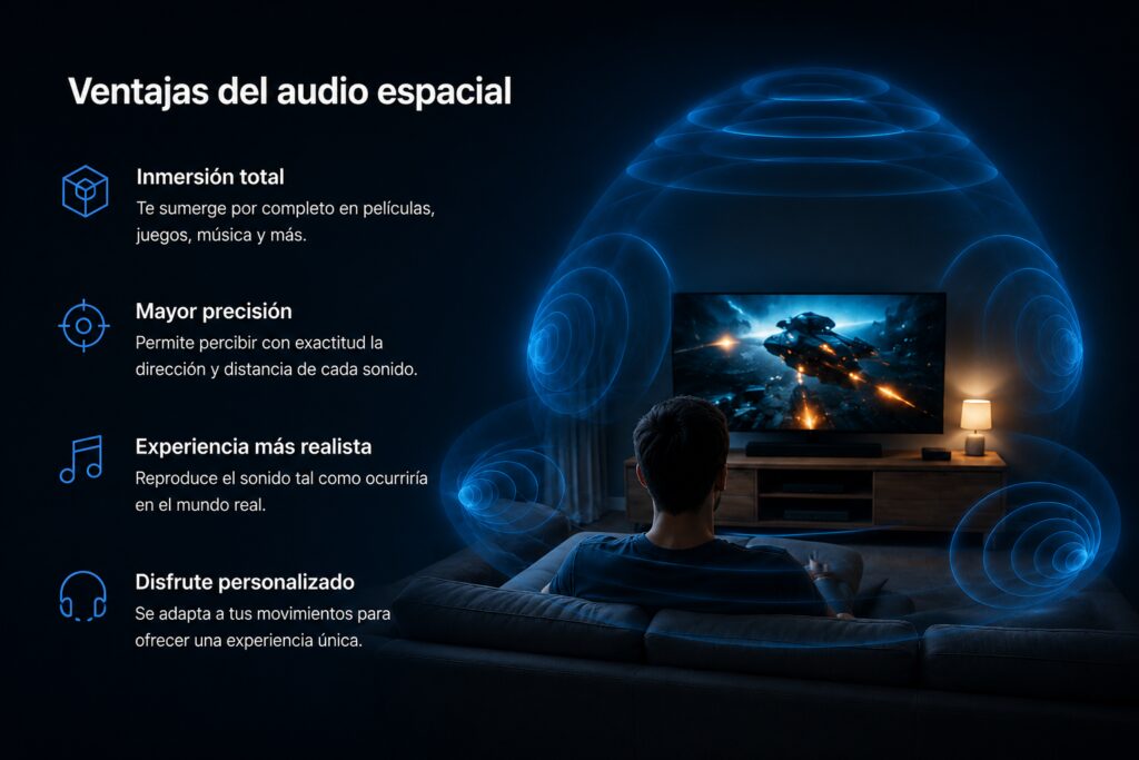 Ventajas del audio espacial mostrando una experiencia inmersiva y sonido envolvente en una sala multimedia.