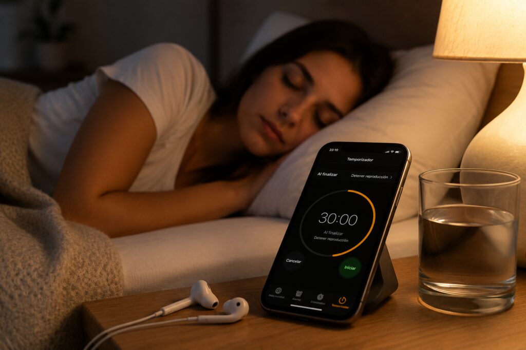 Persona durmiendo junto a un iPhone con temporizador de música activado.
